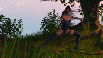 Картинка 3д+графика люди+ people девушка взгляд фон природа оружие