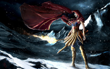 Картинка фэнтези девушки virberrocal девушка плащ доспехи факел огонь горы