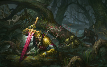 Картинка фэнтези нежить dead king лес труп болото странник король корона деревья меч