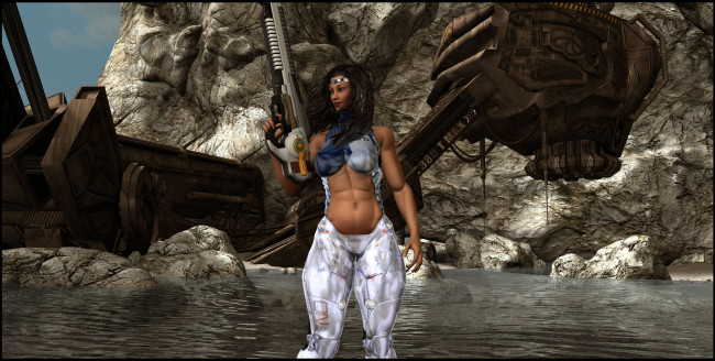 Обои картинки фото 3д графика, фантазия , fantasy, оружие, фон, взгляд, вода, скалы, девушка