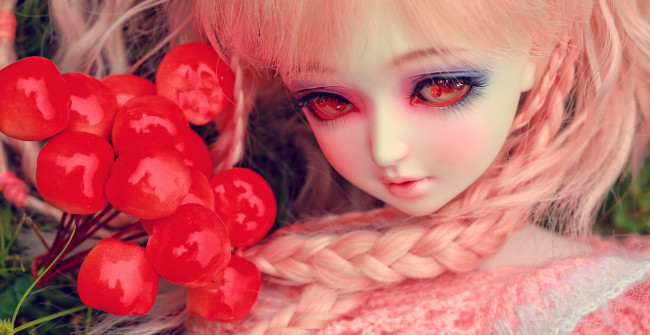 Обои картинки фото разное, игрушки, игрушка, кукла, косички, глаза, ягоды