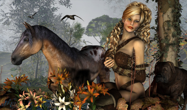 Обои картинки фото 3д графика, люди , people, девушка, взгляд, фон, лошадь, цветы, птицы, собака
