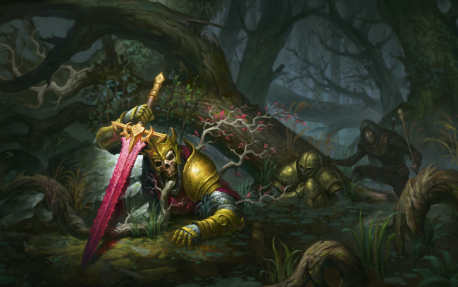 Обои картинки фото фэнтези, нежить, dead, king, лес, труп, болото, странник, король, корона, деревья, меч