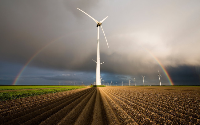 Обои картинки фото разное, мельницы, поле, ветряки, радуга