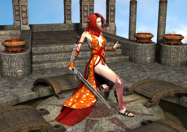 Обои картинки фото 3д графика, эльфы , elves, эльфийка, взгляд, фон, оружие, руины