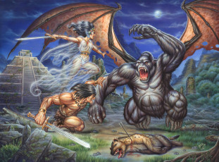 Картинка рисованное комиксы мужчина девушка пирамида обезьяна меч