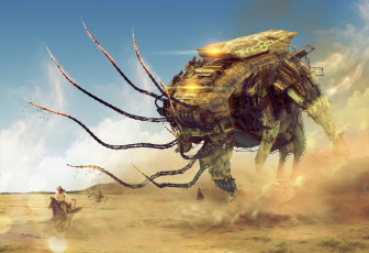 обоя фэнтези, роботы,  киборги,  механизмы, погоня, мир, всадники, робот, иной