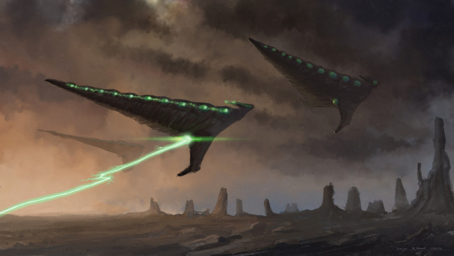 Обои картинки фото фэнтези, космические корабли,  звездолеты,  станции, космические, планета, чужая, скалы, корабли