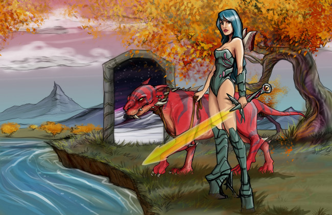 Обои картинки фото фэнтези, красавицы и чудовища, взгляд, существо, меч, фон, девушка