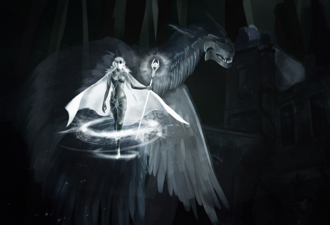 Обои картинки фото фэнтези, красавицы и чудовища, посох, девушка, магия, дракон