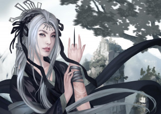 Картинка фэнтези девушки арт горы азия татуировка белые волосы девушка нож украшения рука