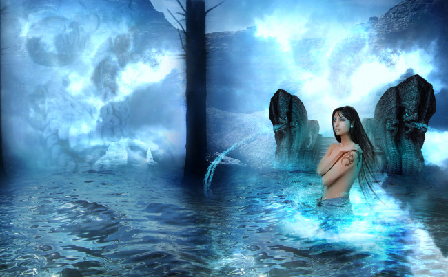 Обои картинки фото фэнтези, фотоарт, вода, фон, девушка