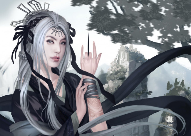 Обои картинки фото фэнтези, девушки, арт, горы, азия, татуировка, белые, волосы, девушка, нож, украшения, рука