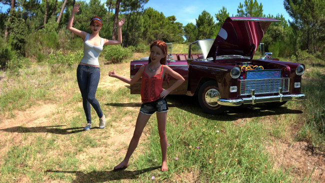 Обои картинки фото 3д графика, люди-авто, мото , people- car ,  moto, взгляд, фон, девушки