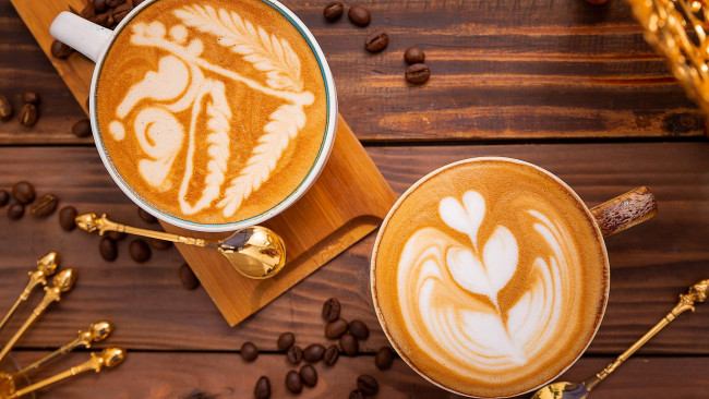 Обои картинки фото еда, кофе,  кофейные зёрна, ложки, рисунок