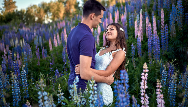 Обои картинки фото разное, мужчина женщина, луг, влюбленные, люпин