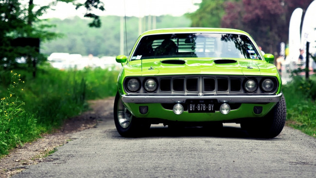 Обои картинки фото hemi cuda, автомобили, plymouth, зеленый, дорога