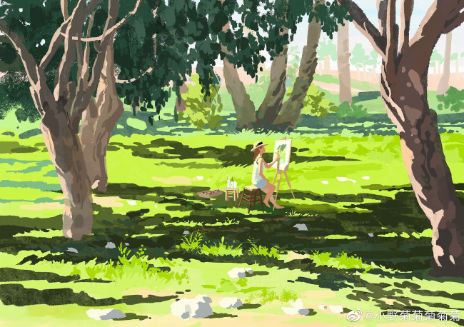 Обои картинки фото рисованное, люди, девушка, художница, деревья