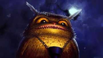 Картинка фэнтези существа филин нос зубы цепь фонарь свет луна тучи