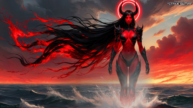 Обои картинки фото богиня геката,  по книге страж бытия , греческиебогини , геката , девушкагигант, фэнтези, демоны, геката, богиня, гигантская, красная, кожа, прямые, рога, чёрная, броня, откровенная, горящие, волосы, красный, нимб, лавовые, вены, океан, по, колени