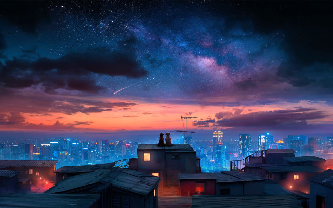 Обои картинки фото рисованное, животные,  собаки, собаки, пара, город, панорама, крыши, ночь, огни