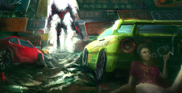 Картинка фэнтези роботы киборги механизмы авто дым