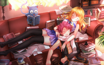 Картинка аниме fairy tail нацу люси хэппи сон