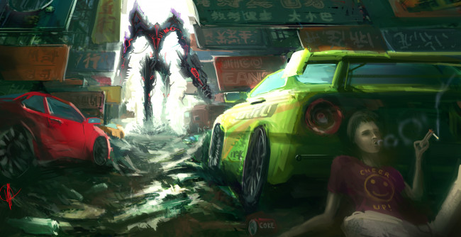 Обои картинки фото фэнтези, роботы, киборги, механизмы, авто, дым