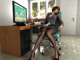 Картинка 3д+графика люди+ people стол компютер девушка сон