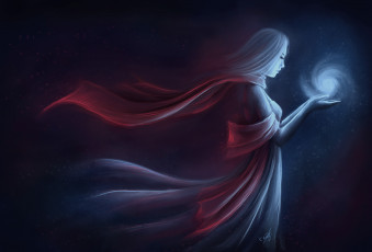 Картинка фэнтези магия шар руки платье волосы профиль лицо свет