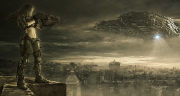 Картинка фэнтези девушки оружие солдат воин девушка корабль космический