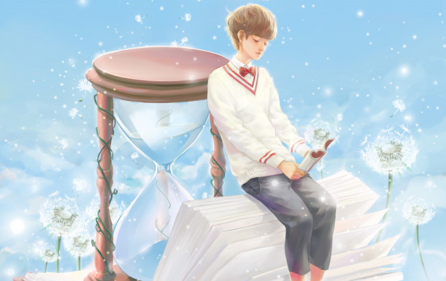 Обои картинки фото аниме, *unknown , другое, одуванчики, песочные, часы, книга, парень