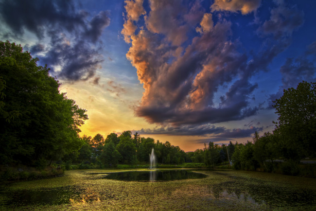 Обои картинки фото природа, парк, заря, тучи, река, лес