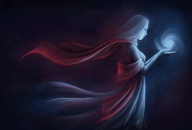 Обои картинки фото фэнтези, магия, шар, руки, платье, волосы, профиль, лицо, свет