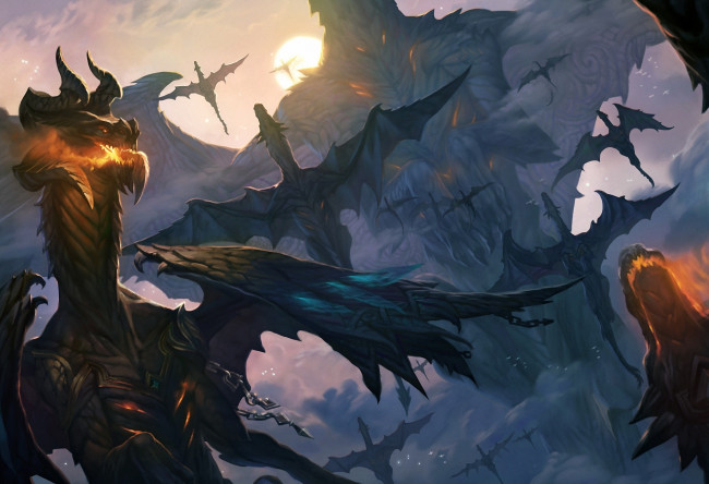 Обои картинки фото фэнтези, драконы, небо, стая, полет