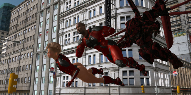 Обои картинки фото 3д графика, фантазия , fantasy, полет, мужчина, фон, взгляд, девушка