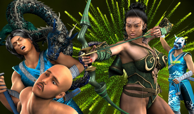 Обои картинки фото 3д графика, амазонки , amazon, фон, маска, девушка, мужчины, лук, взгляд