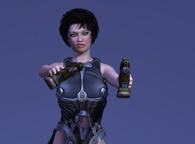 Обои картинки фото 3д графика, фантазия , fantasy, девушка, взгляд, фон, оружие