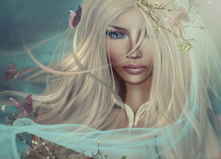 Картинка 3д+графика люди+ people весна графика филиалы 3д блондинка девушка фата макияж бабочка