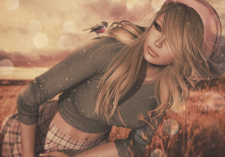 Картинка 3д+графика люди+ people 3д боке берет трава птица юбка джемпер графика девушка природа