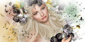 Картинка 3д+графика люди+ people 3д бабочка венок рвать перья графика капли блондинка девушка цветы