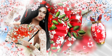 Картинка 3д+графика люди+ people ветки цветение арт девушка попугаи фонарик сакура веер 3d брюнетка графика весна птицы