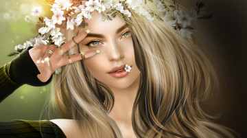 Картинка 3д+графика люди+ people венок девушка блондинка цветы боке 3d графика арт кольца украшения
