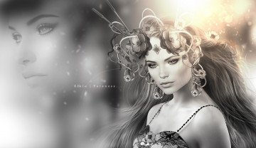 Картинка 3д+графика портрет+ portraits 3д лицо монохромный венок цветы девушка графика