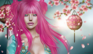 Картинка 3д+графика люди+ people розовые волосы портрет девушка