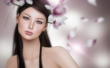 Картинка 3д+графика люди+ people брюнетка девушка графика ветки арт 3d цветы магнолия