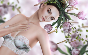 Картинка 3д+графика люди+ people ветки тюльпаны брюнетка девушка венок цветы лиф арт графика 3d серёжки берёза