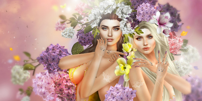 Обои картинки фото 3д графика, люди , people, шатенка, магнолия, гортензия, цветы, 3d, украшения, венок, блондинка, девушки, графика, арт