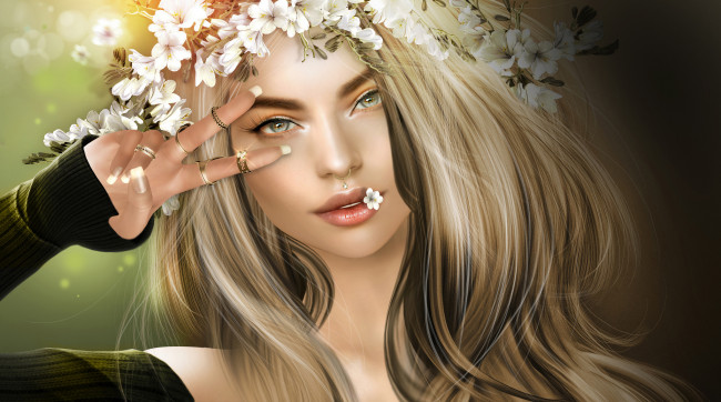 Обои картинки фото 3д графика, люди , people, венок, девушка, блондинка, цветы, боке, 3d, графика, арт, кольца, украшения