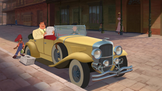 Обои картинки фото мультфильмы, the princess and the frog, здание, газета, люди, машина